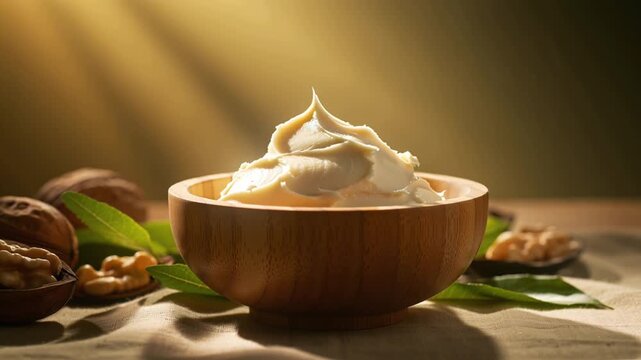  cinematic macro stock video, hand carved wooden bowl filled creamy textured shea butter, rich organic texture peaks raw shea nuts cracked shells fresh green leaves natural linen warm golden sunlight