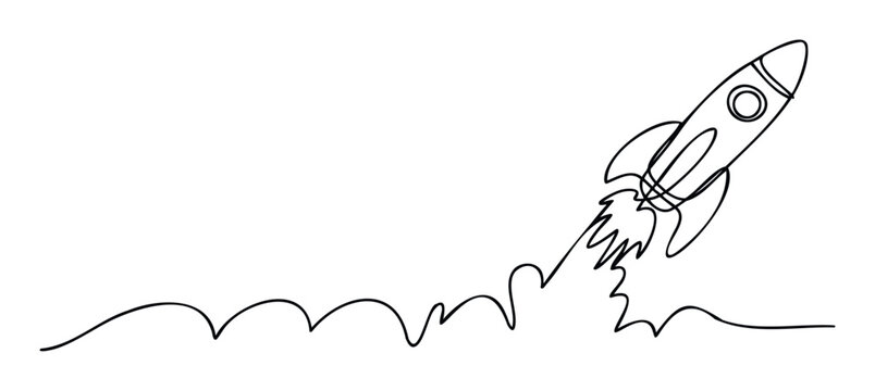 Dynamic continuous line drawing depicting a space rocket launching upwards with wavy exhaust trails, symbolizing startup growth, innovation, and successful business ventures for