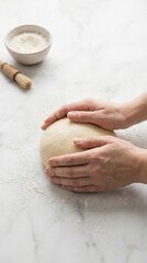 Hands working with raw dough, preparing it for baking bread, pastry, or homemade pizza on a white marble surface with scattered flour, symbolizing culinary craft and fresh ingredients