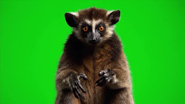 Curious Brown Lemur Staring Intently on Green Screen Background