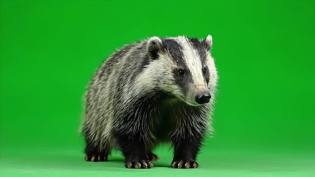 European Badger Standing and Looking Around on a Green Screen Background