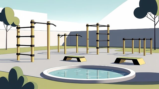 Outdoor fitness park with calisthenics equipment and circular pool under a clear sky