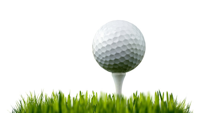 Golf ball on tee with grass isolated from background