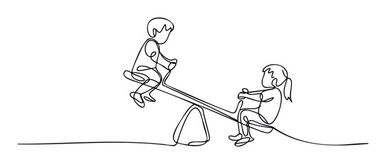 Engaging continuous line drawing of two happy children playing together on a seesaw, capturing the essence of childhood fun, balance, and friendship, ideal for educational materials or