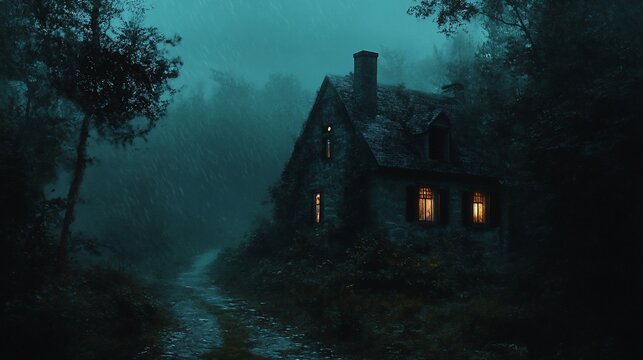 Eerie Stone Cottage in Rain Glowing Windows Moody Forest Scene.