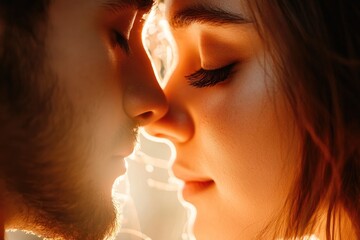 Obraz premium Romantic close-up of couple with gentle sunlight creating intimate serenity and tender connection