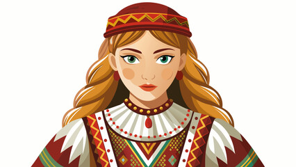 Obraz premium Very beautiful close-up of a traditional Latvian women’s folk dress with woven patterns and earthy tones, isolated on white background, showcasing Baltic heritage and textile craftsmanship.