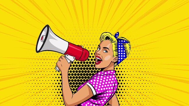 Animation of a girl with a loudspeaker in pop art style