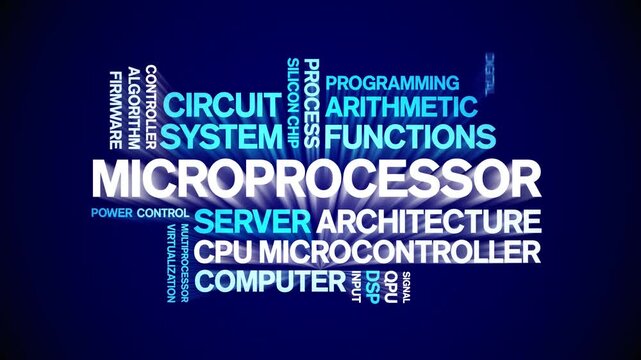 Microprocessor animated word cloud-text design animation tag kinetic typography seamless loop.