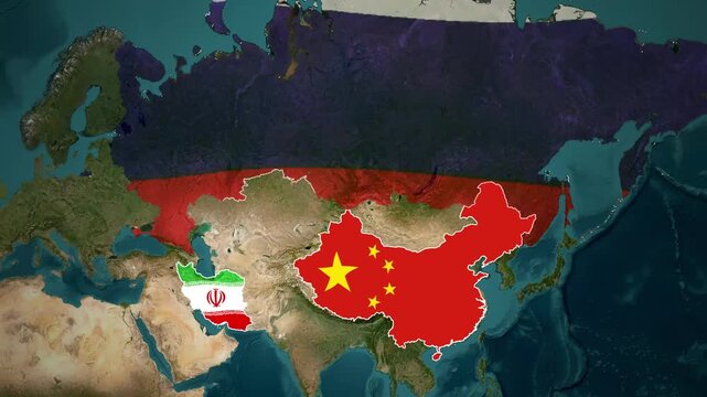 World Map Animation with Flags Highlighting Russia, China, and Iran Territories