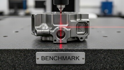 Fototapeta premium Precision measuring device with lasers on a metal component, labeled 'BENCHMARK'.