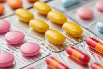 Various pills and capsules in vibrant colors are artistically laid out on a white table, showcasing their unique shapes and textures