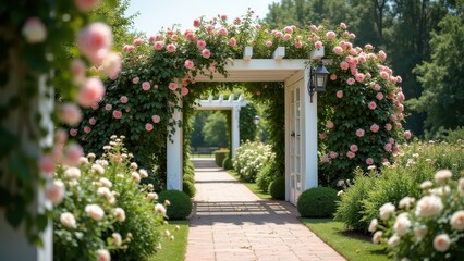 Fototapeta premium Garden arbor climbing roses blooming, summer landscape architecture romantic beautiful, concept of wedding, gardening, floristry