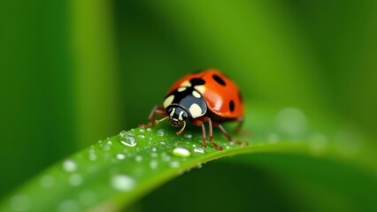 Fototapeta premium Ladybug on green leaf, red shell black spots, morning dew present, beneficial garden insect