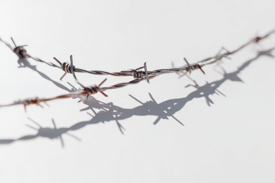 Single strand of barbed wire casting sharp shadow on light surface, minimalist industrial composition, conceptual stock image