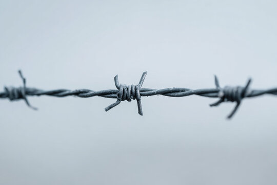 Straight barbed wire line centered in frame, neutral gray background, precise symmetry, minimalist industrial stock image