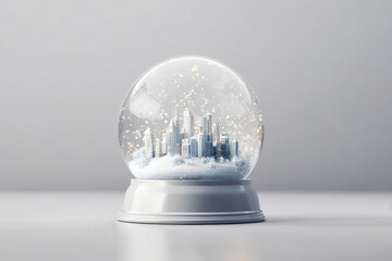 Snow globe with miniature city skyline covered in snow, soft falling flakes, modern winter concept, neutral background, stock illustration realism