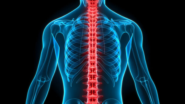 Human spine anatomy illustration highlighting back pain in red