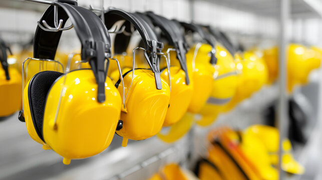 Close-up row of neatly organized protective ear muffs hanging on hooks, workplace safety equipment storage system, industrial safety concept with organized PPE, construction or fac