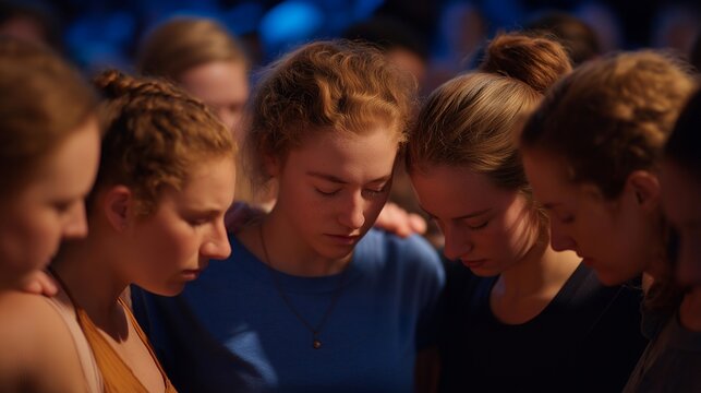 A group of performers huddles nervously in the wings, sharing their mutual fear of stage while the audience waits anxiously, embodying the pressure that comes with a live performance. cinematic