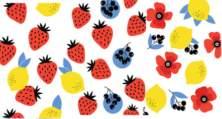 Seamless colorful fruit and flower pattern vector illustration with strawberries, lemons, berries and floral elements on white © Momota