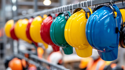 Close-up row of neatly organized protective ear muffs hanging on hooks, workplace safety equipment storage system, industrial safety concept with organized PPE, construction or fac