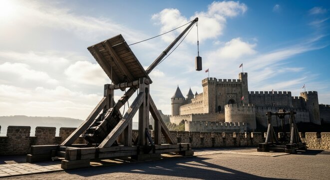 Medieval Siege Trebuchet Before Castle Walls