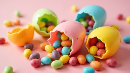 Candy filled Easter eggs, jellybeans chocolates inside, plastic shells opened, colorful sweet treasures, bright sugar candy