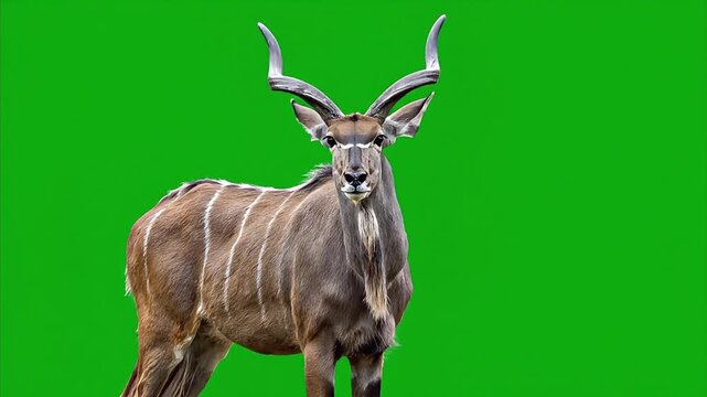 Majestic Greater Kudu Antelope Standing on Green Screen Background