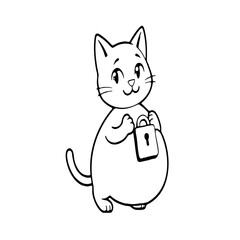 Obraz premium Cute cat character illustrated in simple black and white line art