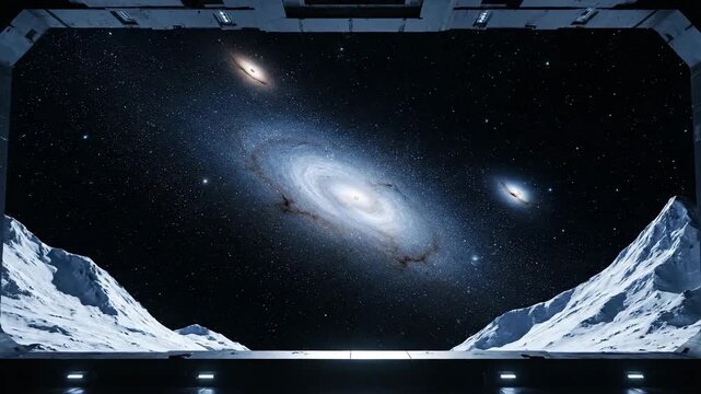 Sci-fi spaceship interior window view of galaxy, universe and stars, science fiction.