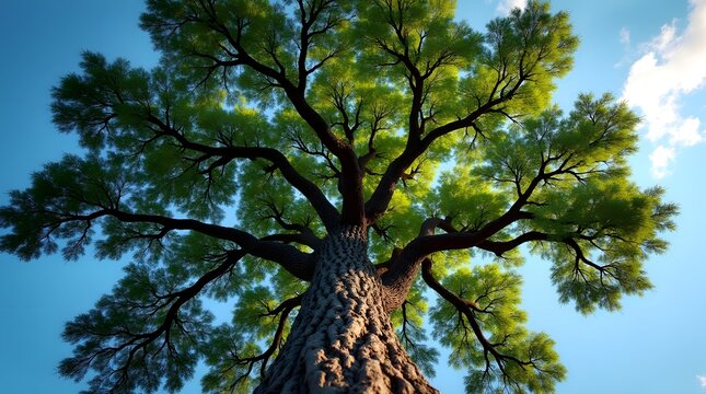 A vibrant green tree viewed from below, showcasing its sprawling branches against a clear blue sky.