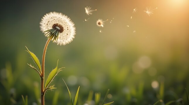 A delicate dandelion at sunset, its seeds gracefully drifting away in the warm breeze.