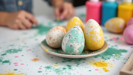 Hand-painted easter eggs on ceramic plate with splattered colors, family crafting at messy table with paint supplies, concept of easter, family activities, holiday crafts