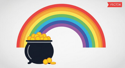 Colorful rainbow vector graphic with black pot of gold coins on white background symbolizing good luck and wealth © Zia