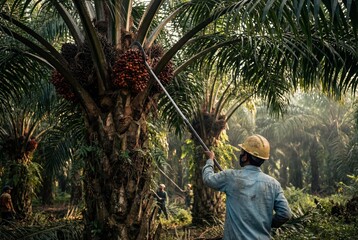 Male worker harvesting ripe oil palm fruit bunches with a long pole sickle in a lush plantation