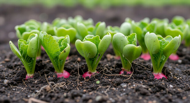 Young radish plants growing in dark fertile soil. Fresh organic vegetable sprouts in a garden bed. Agriculture concept