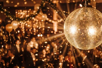 Obraz premium Golden sparkling disco ball hanging at a glamorous party with falling confetti and blurred crowd