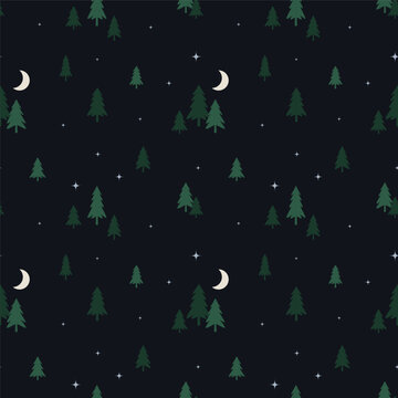 Scandinavian Night Forest Seamless Pattern with Pine Trees, Moon and Stars