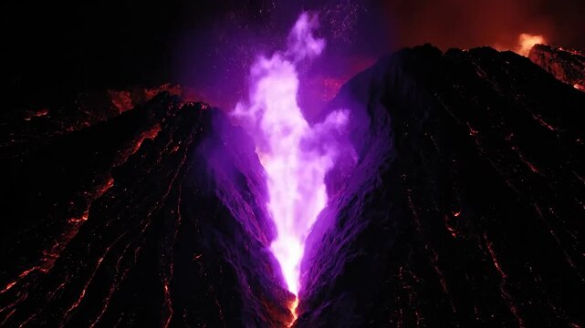 Fiery volcano landscape with flowing lava. Dramatic volcano eruption with red hot lava and black rock formations.