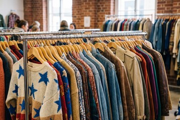 Obraz premium Vintage clothing rack with sweaters and jackets on wooden hangers in a brick walled retail shop
