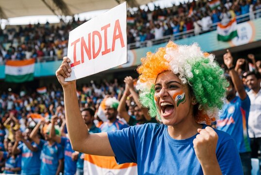 Young indian woman cheering at stadium holding india sign and wearing tricolor wig during match