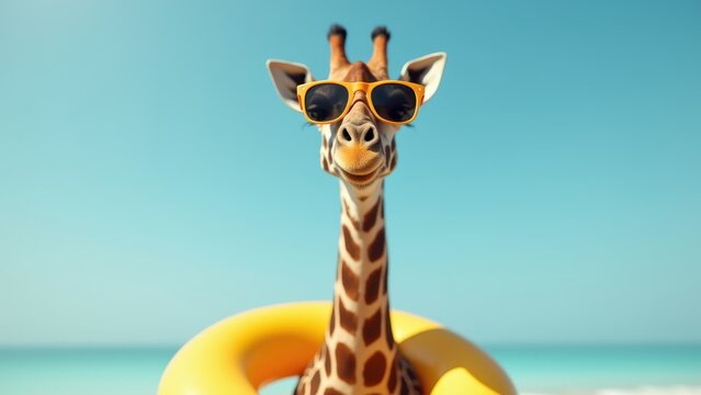 Giraffe wearing yellow sunglasses in inflatable ring on blue background, funny animal summer vacation concept with pool float, concept of summer fun, travel advertising, humor