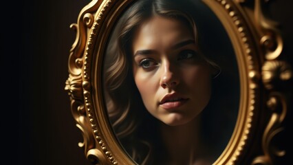 Ornate oval mirror gold frame, narcissism self-reflection obsession concept visual, baroque decorative elaborate vintage antique, vanity self-absorption symbol metaphor psychological