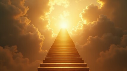 Golden stairway ascending to clouds, narcissism superiority ascension ambition concept, stairs climbing upward heavenward symbolic, ego grandiosity symbol metaphor