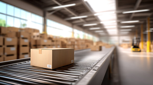 Modern warehouse interior with conveyor belt and cardboard boxes. Logistics, shipping and storage concept. Sunlight streams through large windows, illuminating the organized facility.
