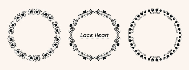 Obraz premium Black lace heart wreath set. Vector circular borders with floral embroidery and filigree edges, symbolizing Valentine romance and vintage wedding decoration.