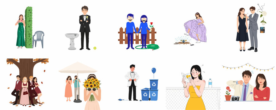 A collection of awkward, stressful, and disappointing moments from weddings, formal events, and parties, highlighting common mishaps and emotional struggles.