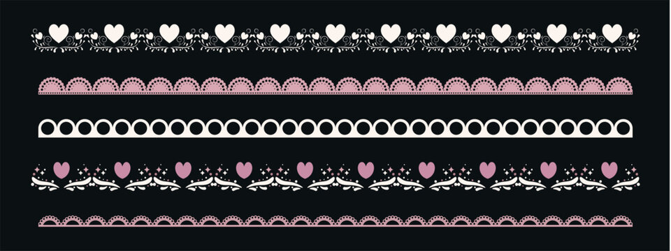 Lace heart border collection illustration. Vector white and pink decorative trim patterns with hearts, scalloped edges, floral embroidery symbolizing romantic decoration and vintage textile ornament.