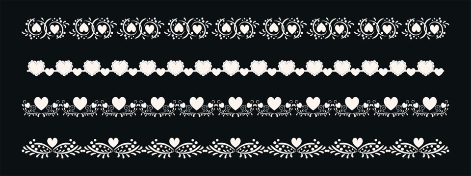 Heart lace ribbon collection. Vector white horizontal borders with ornamental hearts and crochet patterns, symbolizing romantic separator and shabby chic decoration.